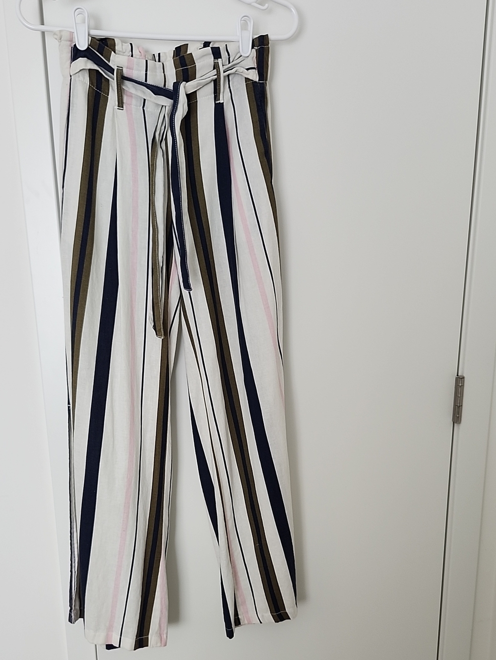 Rewash Striped Paperbag-Waist Wide Leg Pants in White, Navy, Olive & Pink